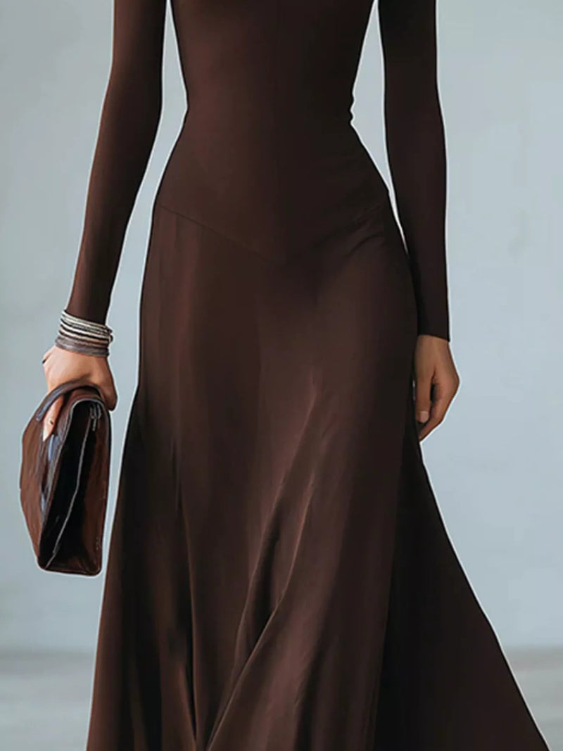 Cut Out Long Sleeve Midi Dress for Women with Mock Neck and Flared Skirt in Dark Brown, skirt detail