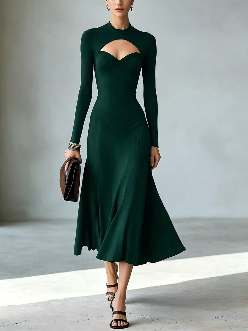 Cut Out Long Sleeve Midi Dress for Women with Mock Neck and Flared Skirt in Dark Green, front view