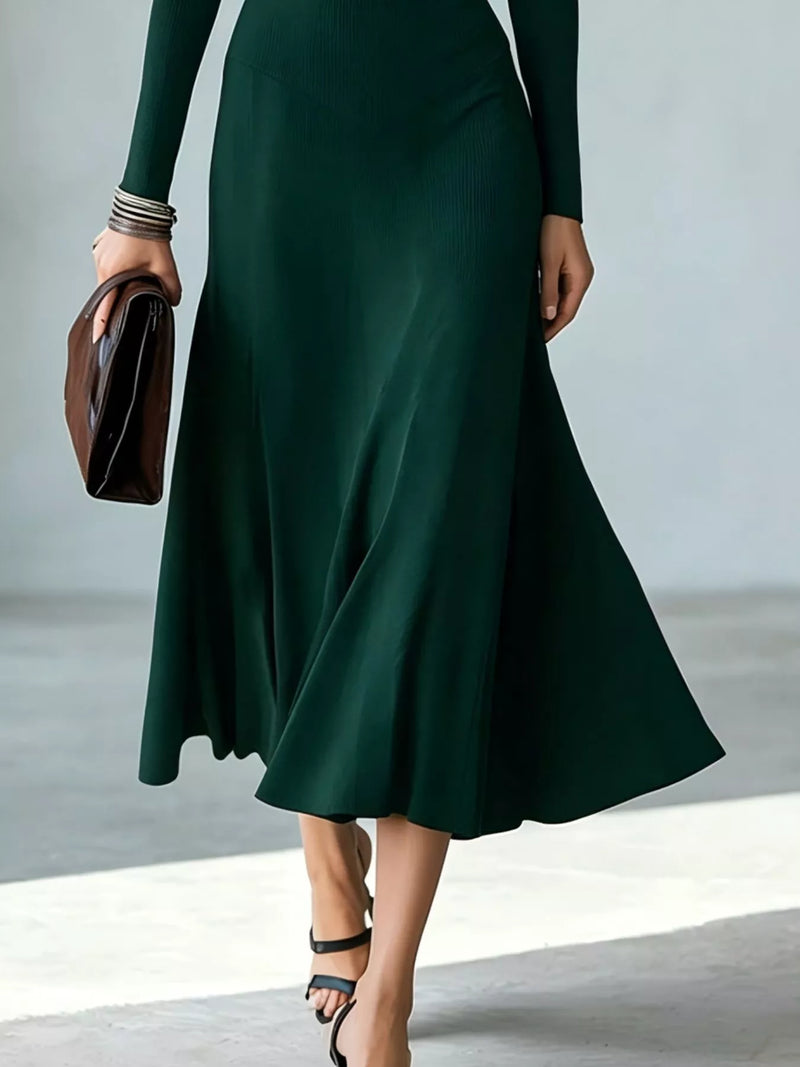 Cut Out Long Sleeve Midi Dress for Women with Mock Neck and Flared Skirt in Dark Green, skirt detail
