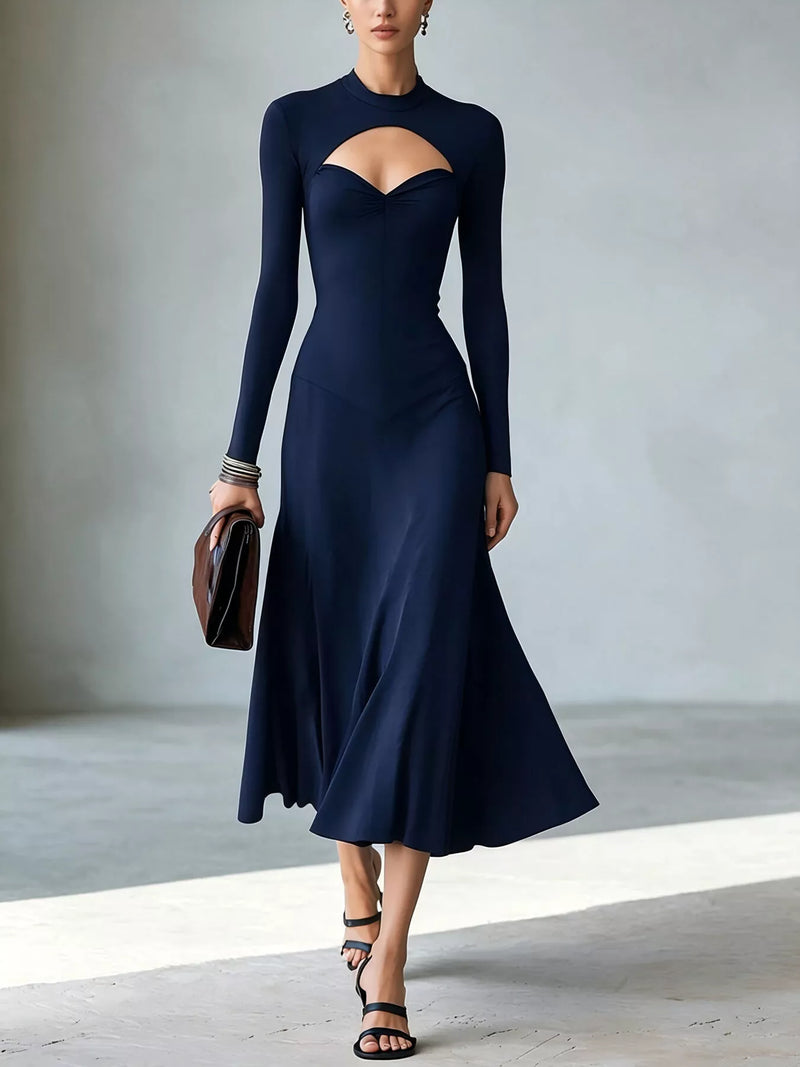 Cut Out Long Sleeve Midi Dress for Women with Mock Neck and Flared Skirt in Navy, front view