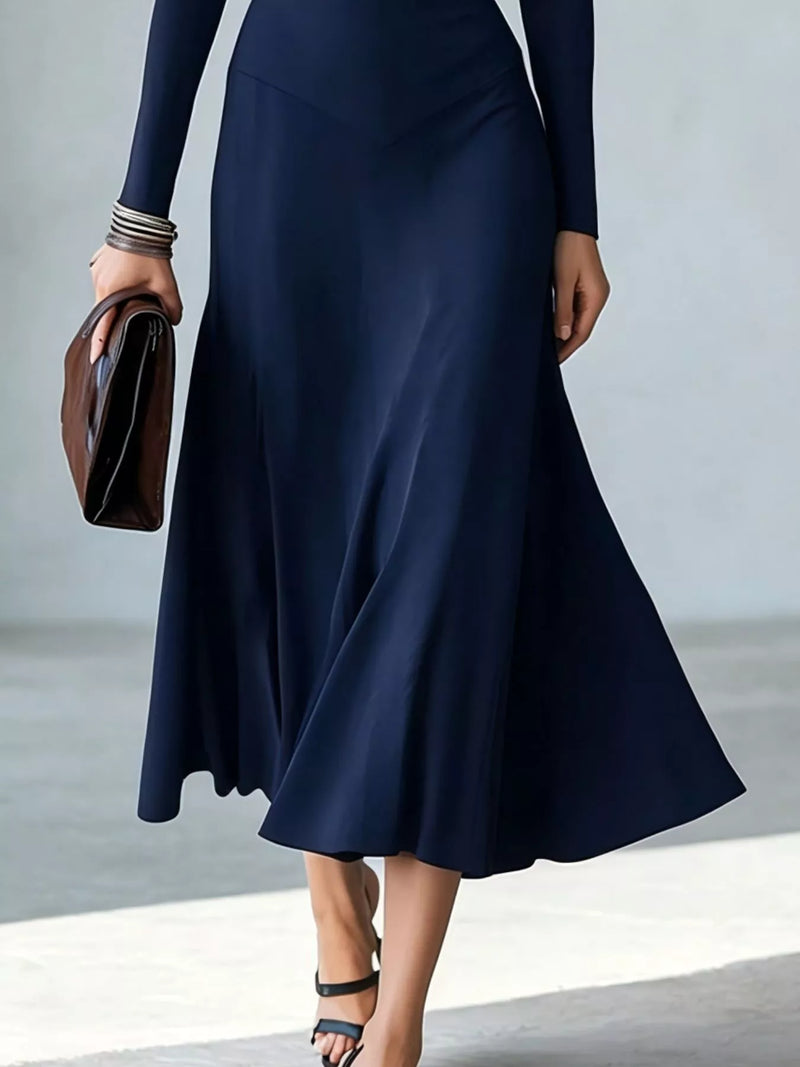 Cut Out Long Sleeve Midi Dress for Women with Mock Neck and Flared Skirt in Navy, skirt detail