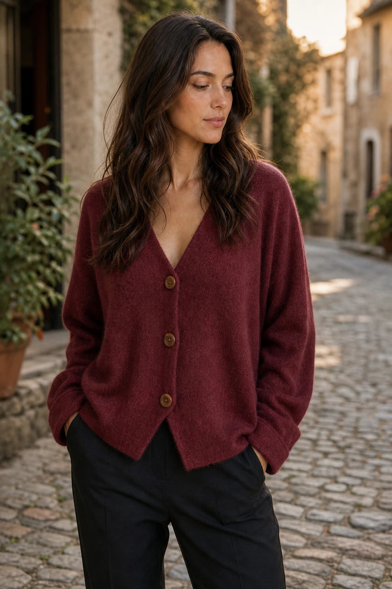 SOFAINE-V7-LIFE-Ramona | Button-Front Cardigan in Maroon, street-style view