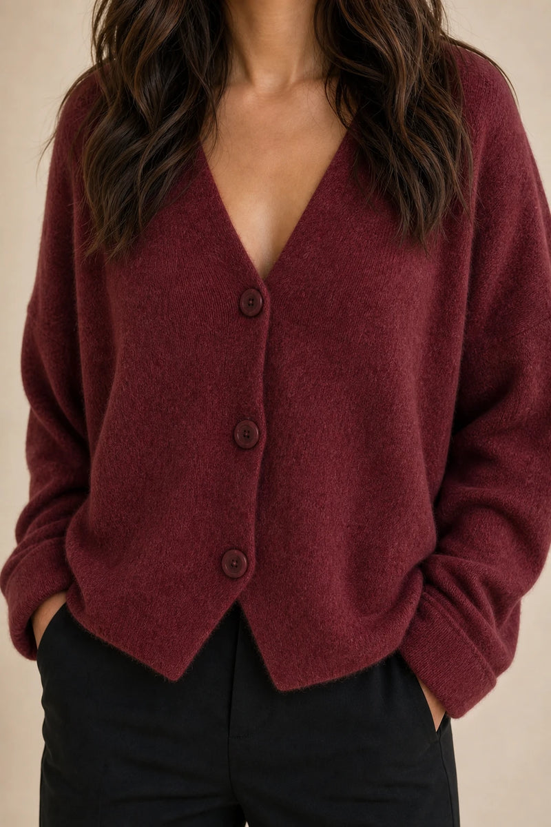 Ramona | Button-Front Cardigan in Maroon, fabric close-up