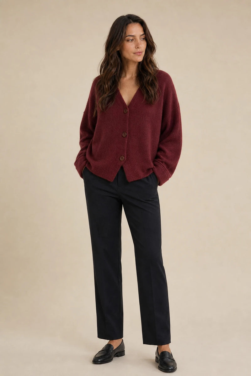 Ramona | Button-Front Cardigan in Maroon, studio front view