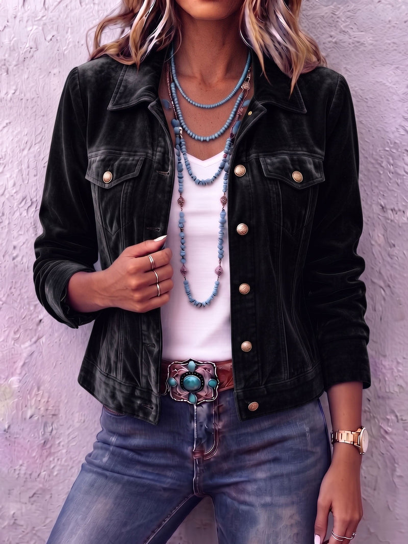 Velvet Trucker Jacket for Women with Button Front and Flap Pockets in Black, front view
