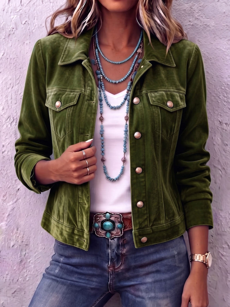 Velvet Trucker Jacket for Women with Button Front and Flap Pockets in Green, front view