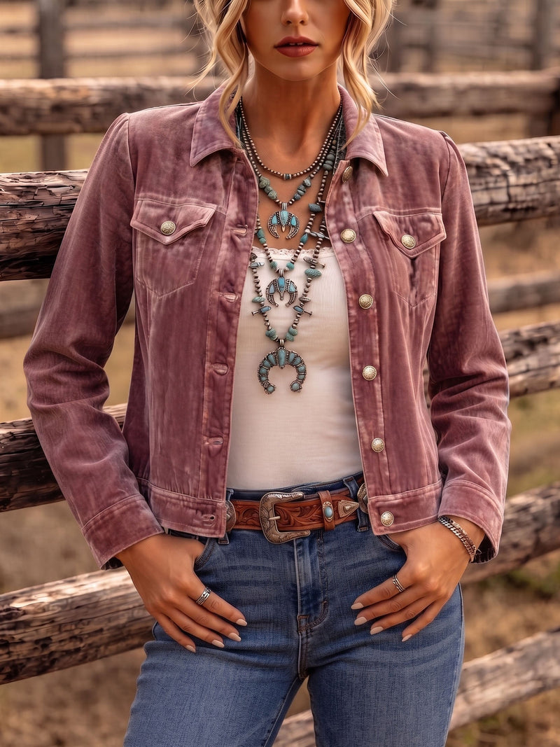 Velvet Trucker Jacket for Women with Button Front and Flap Pockets in Pink, styled view