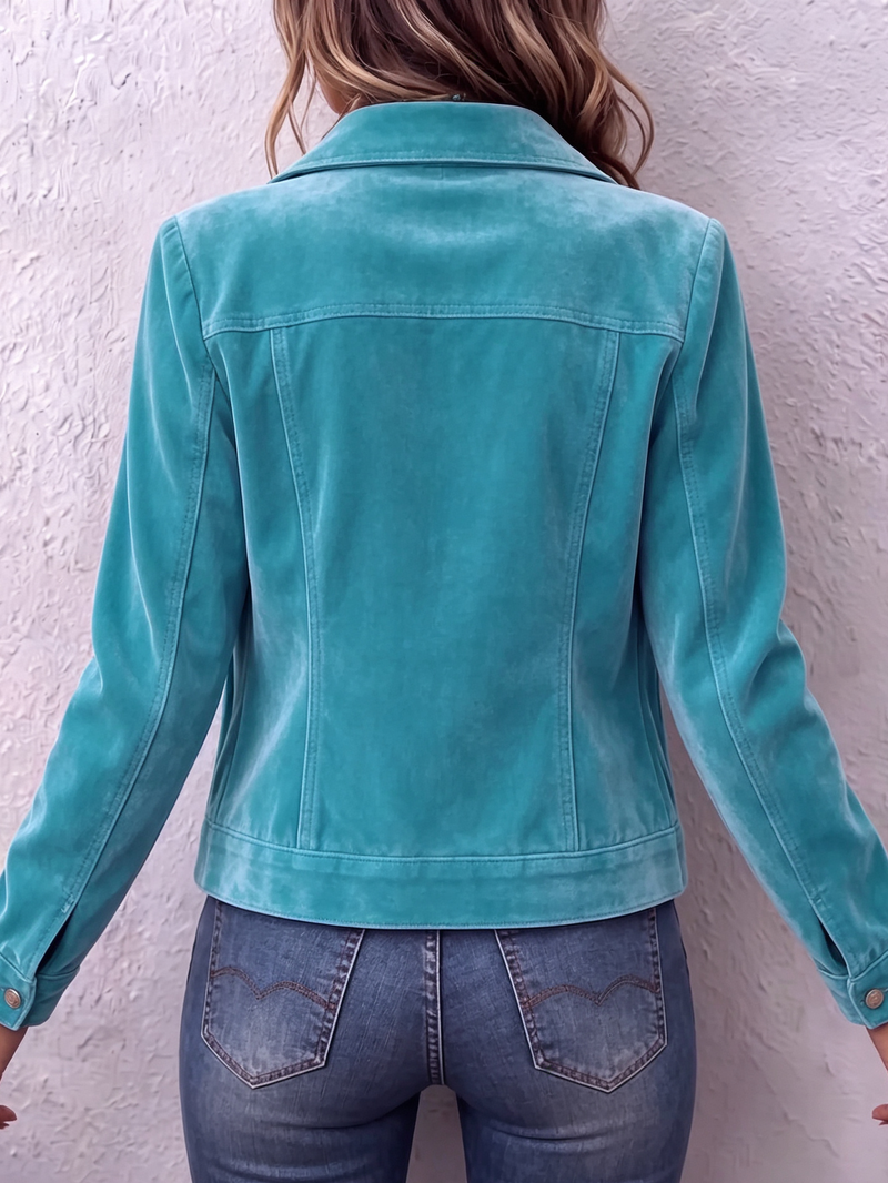 Velvet Trucker Jacket for Women with Button Front and Flap Pockets in Teal, back view