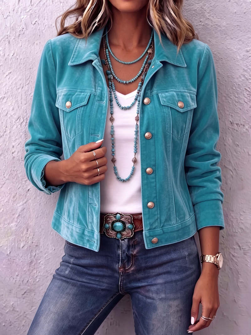 Velvet Trucker Jacket for Women with Button Front and Flap Pockets in Teal, front view