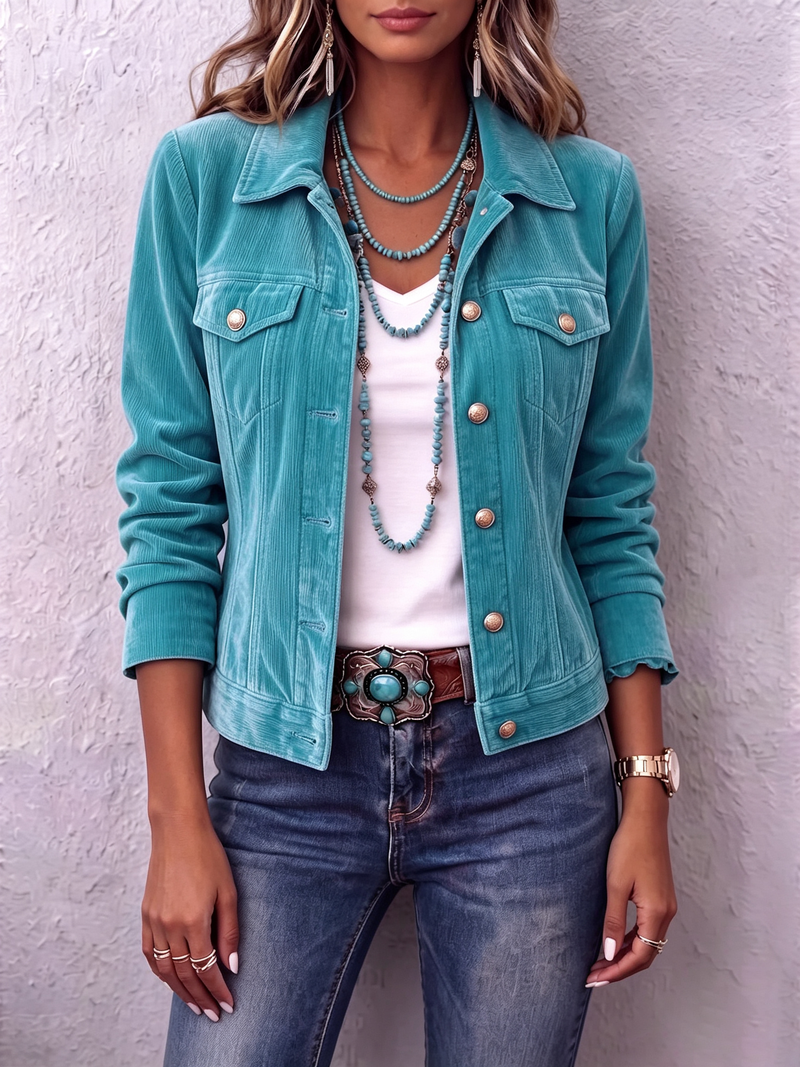 Velvet Trucker Jacket for Women with Button Front and Flap Pockets in Teal, front view 2