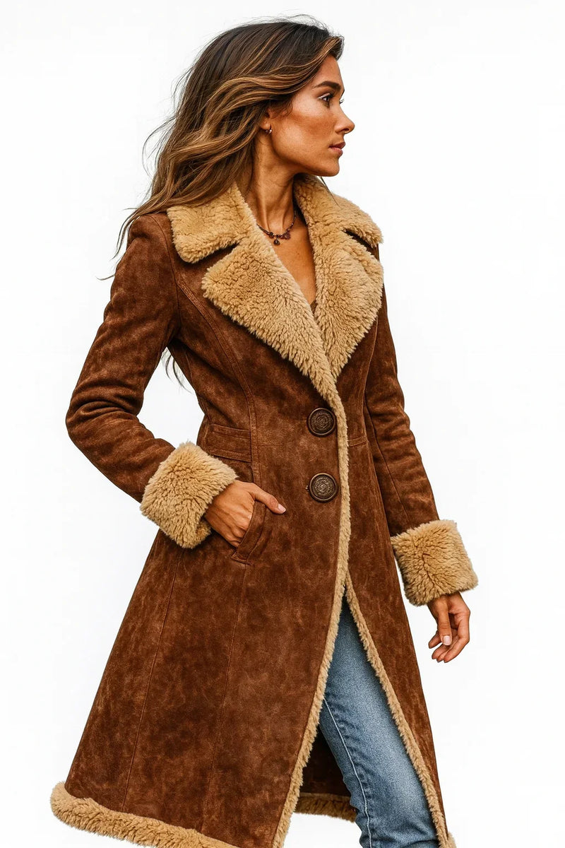 Long Faux Shearling Coat for Women with Suede-Look Finish and Button Front in Brown, side view