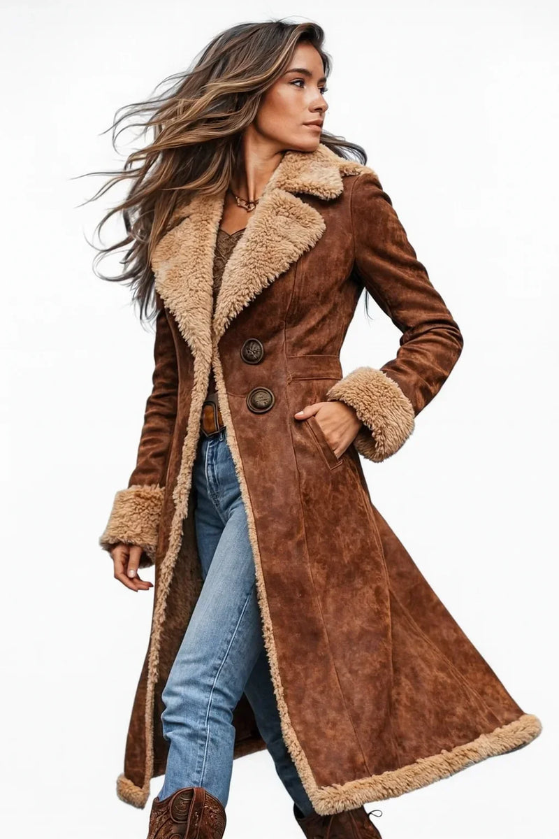 Long Faux Shearling Coat for Women with Suede-Look Finish and Button Front in Brown, three-quarter view