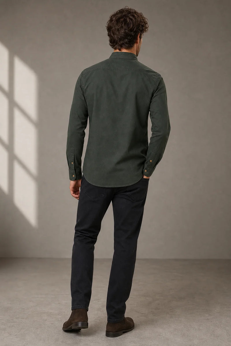 Sofaine Mateo men's band-collar shirt in Dark Green, worn back view