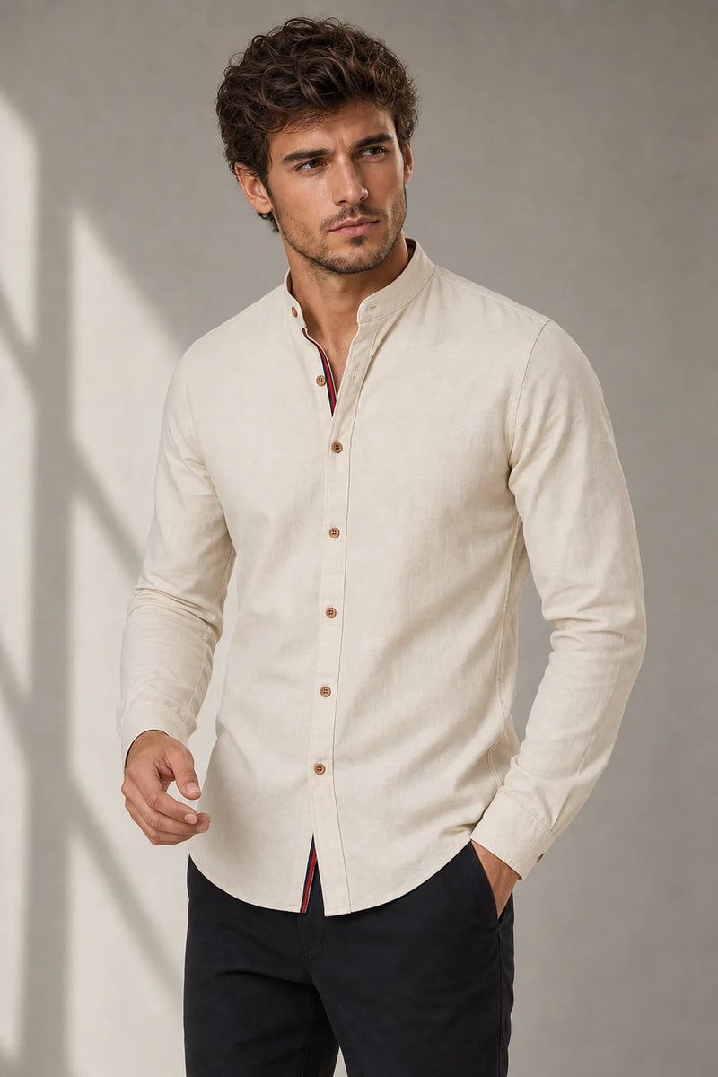 Sofaine Mateo men's band-collar shirt in Beige, worn front