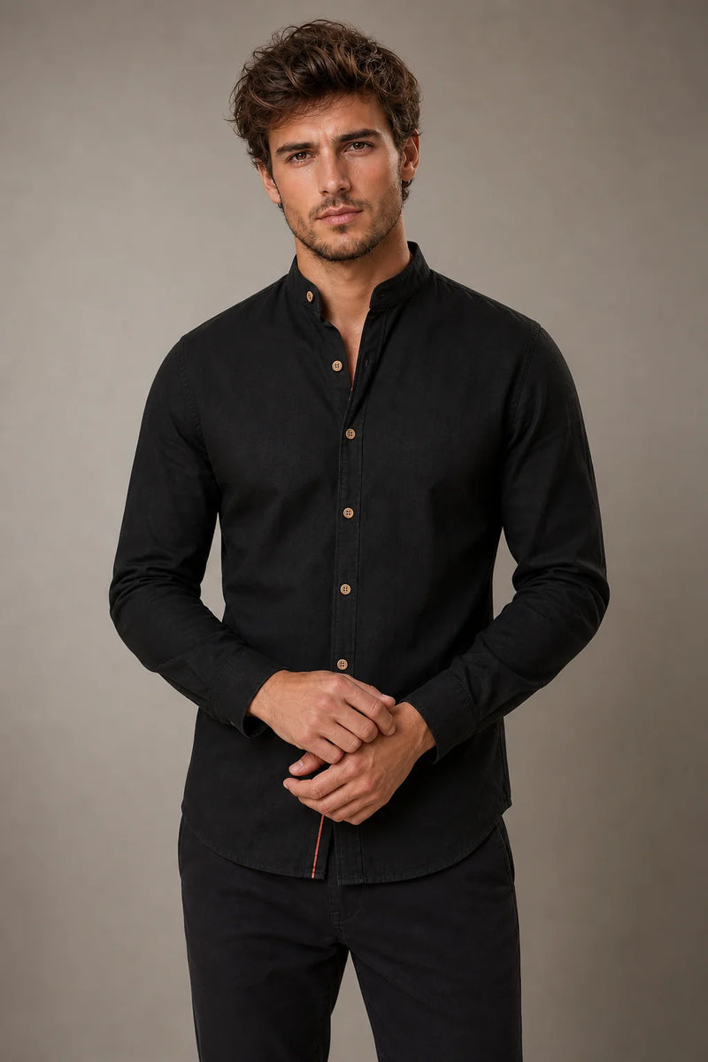 Sofaine Mateo men's band-collar shirt in Black, worn front