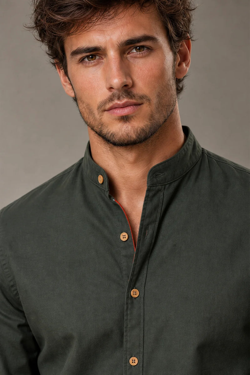Sofaine Mateo men's band-collar shirt in Dark Green, band collar and button placket detail