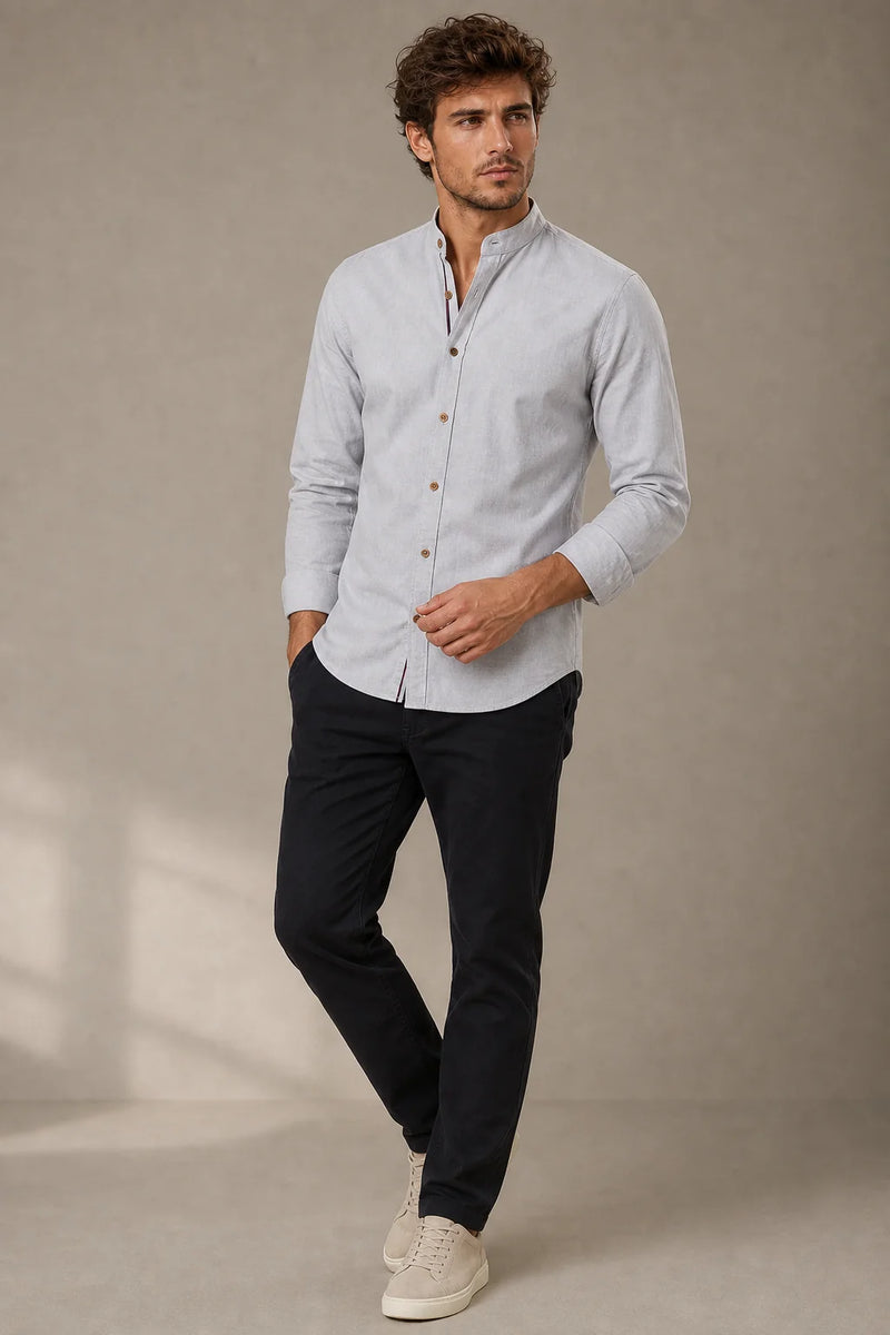 Sofaine Mateo men's band-collar shirt in Gray, worn front