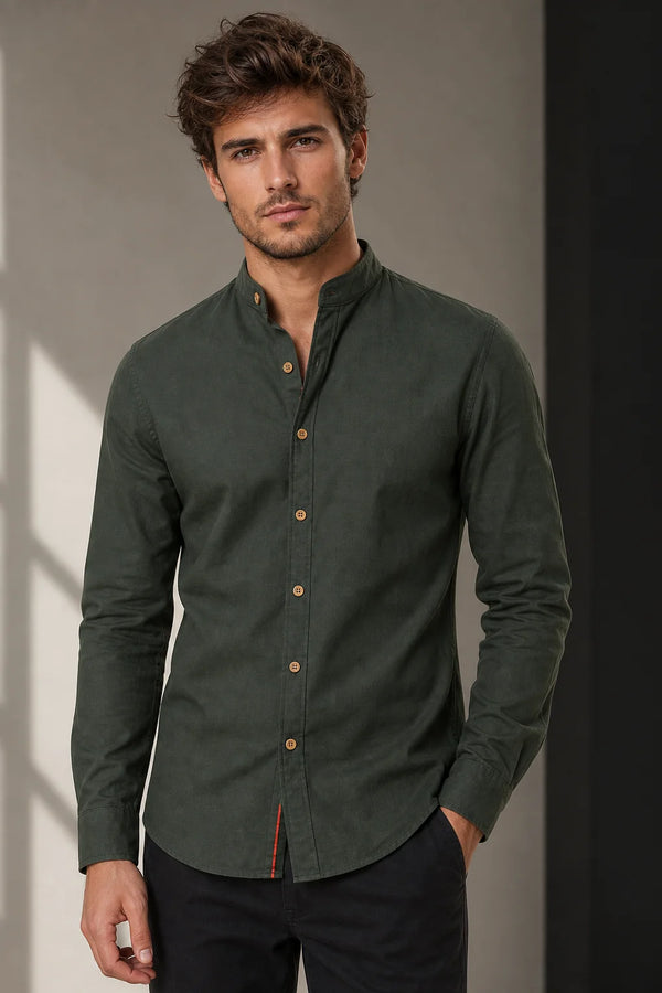 Sofaine Mateo men's band-collar shirt in Dark Green, worn front hero