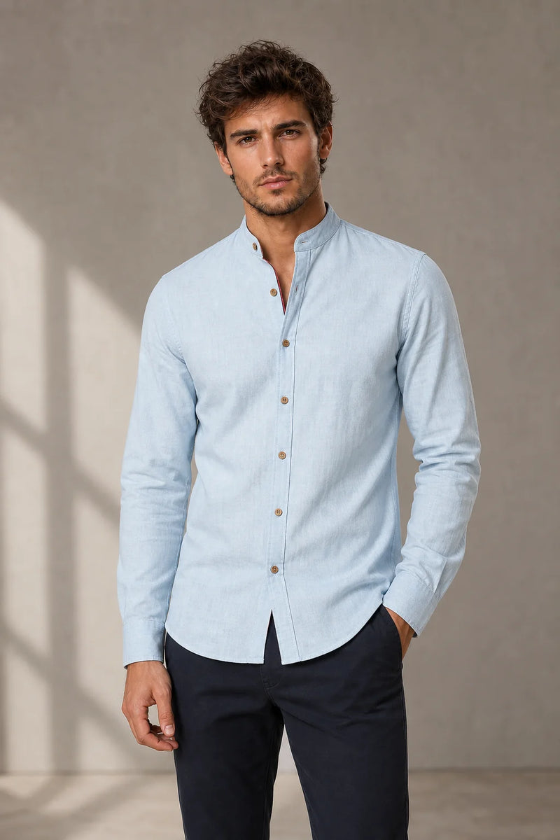 Sofaine Mateo men's band-collar shirt in Light Blue, worn front