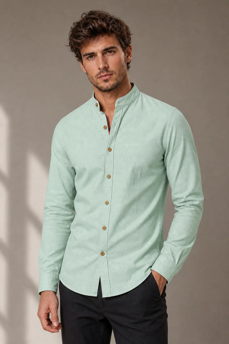 Sofaine Mateo men's band-collar shirt in Light Green, worn front