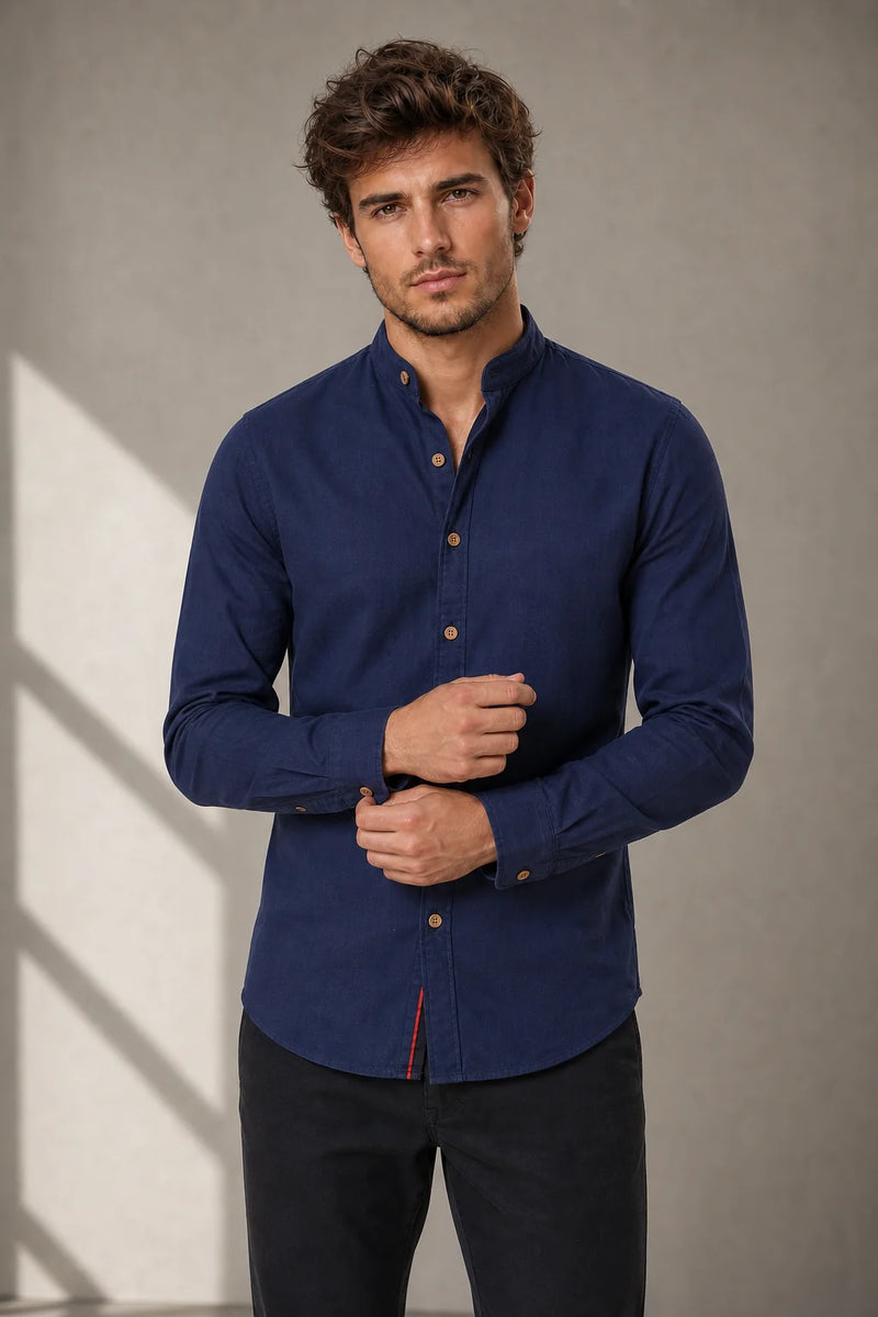 Sofaine Mateo men's band-collar shirt in Navy Blue, worn front
