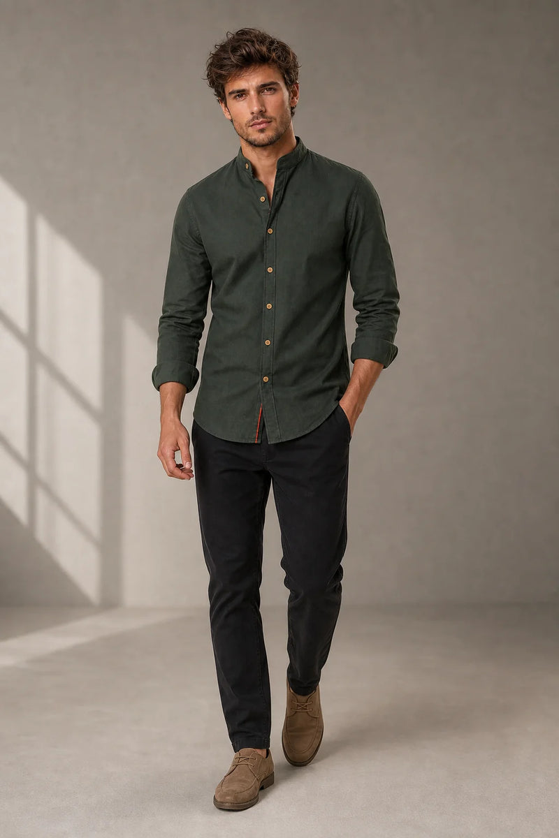Sofaine Mateo men's band-collar shirt in Dark Green, styled full look