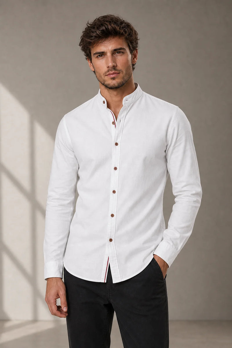 Sofaine Mateo men's band-collar shirt in White, worn front