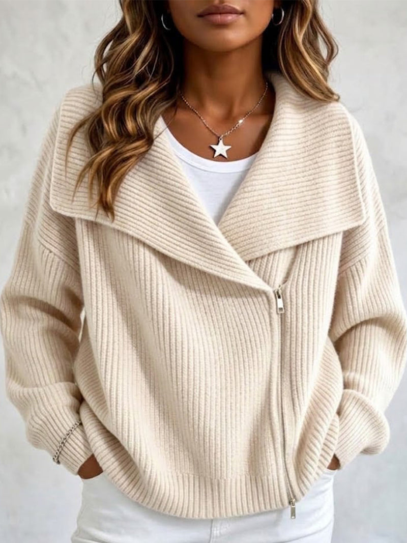 Asymmetric Zip Sweater Jacket for Women with Wide Lapel Collar in Beige, front view