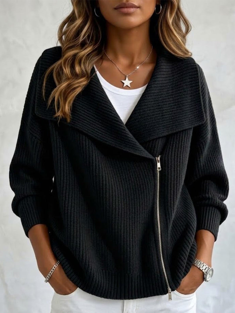 Asymmetric Zip Sweater Jacket for Women with Wide Lapel Collar in Black, front view