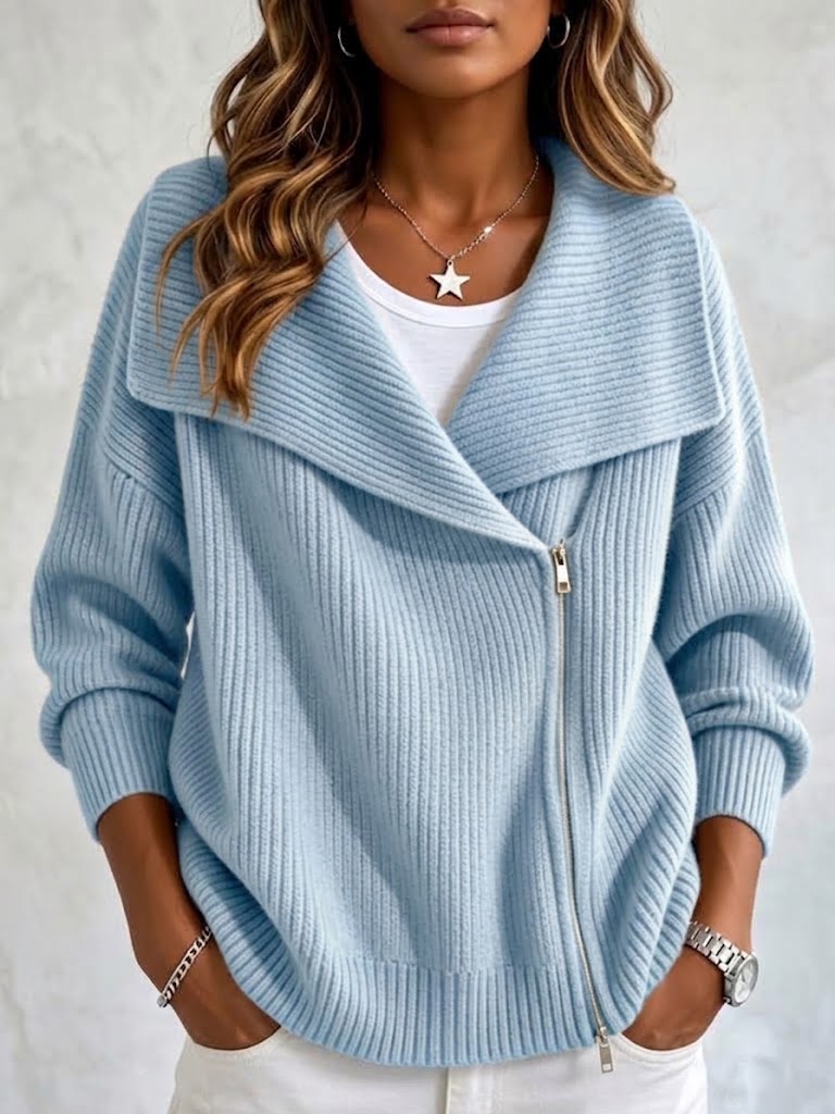Asymmetric Zip Sweater Jacket for Women with Wide Lapel Collar in Blue, front view