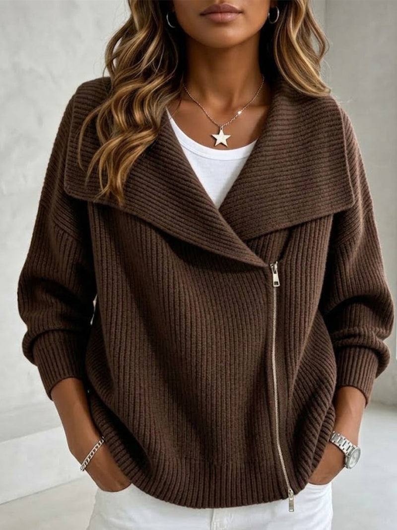 Asymmetric Zip Sweater Jacket for Women with Wide Lapel Collar in Brown, front view
