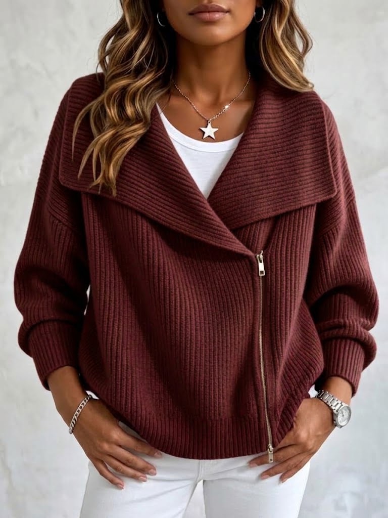 Asymmetric Zip Sweater Jacket for Women with Wide Lapel Collar in Burgundy, front view