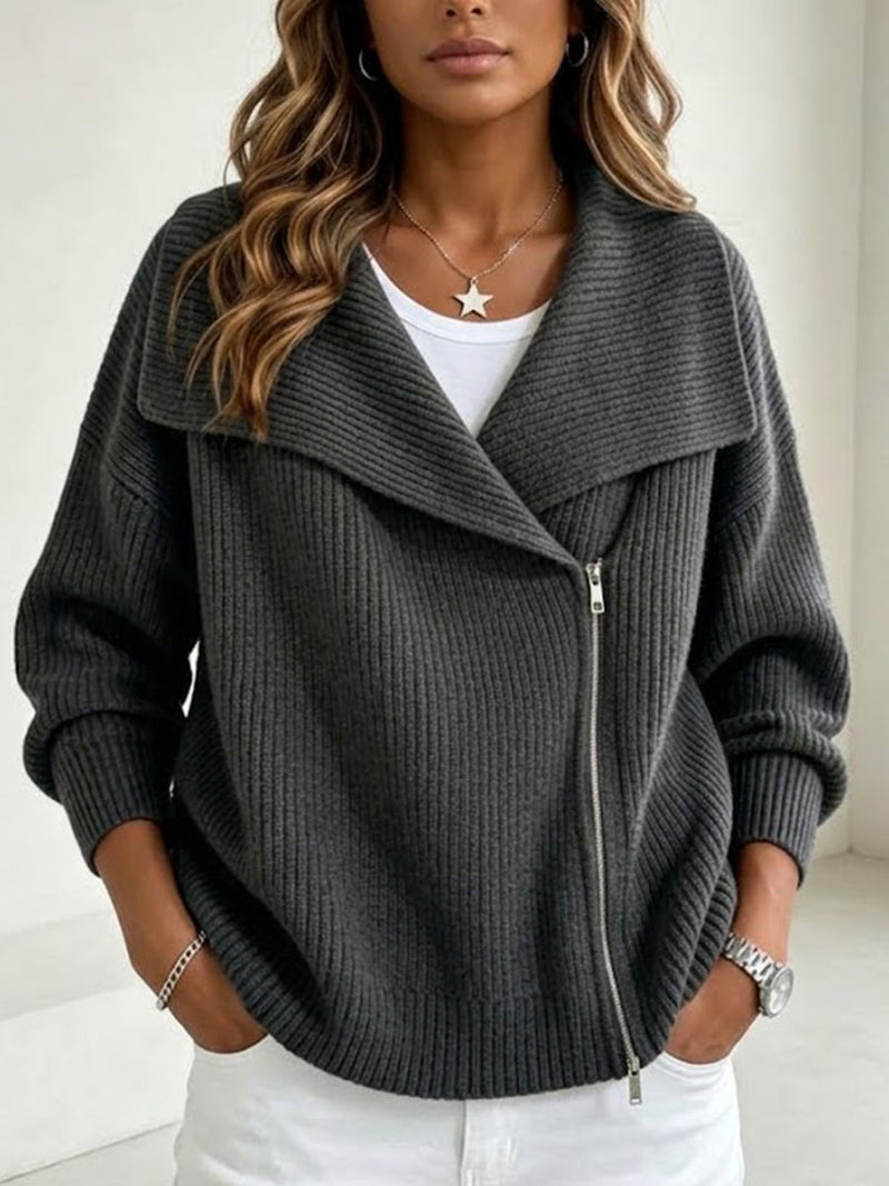 Asymmetric Zip Sweater Jacket for Women with Wide Lapel Collar in Dark Gray, front view
