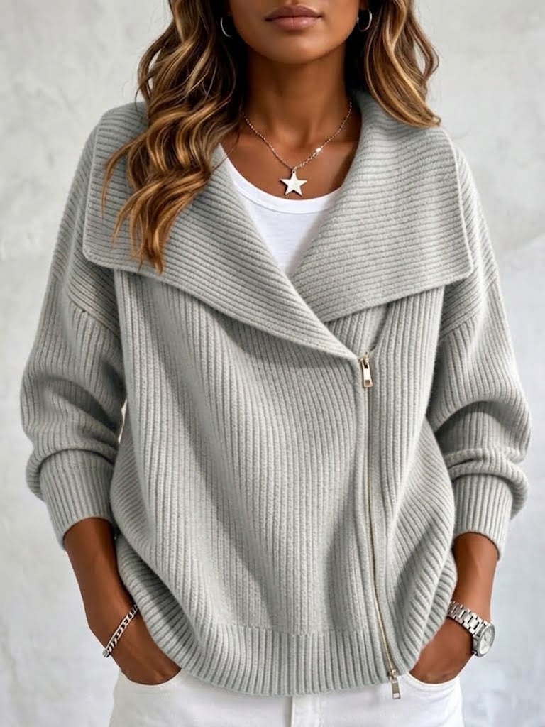 Asymmetric Zip Sweater Jacket for Women with Wide Lapel Collar in Light Gray, front view
