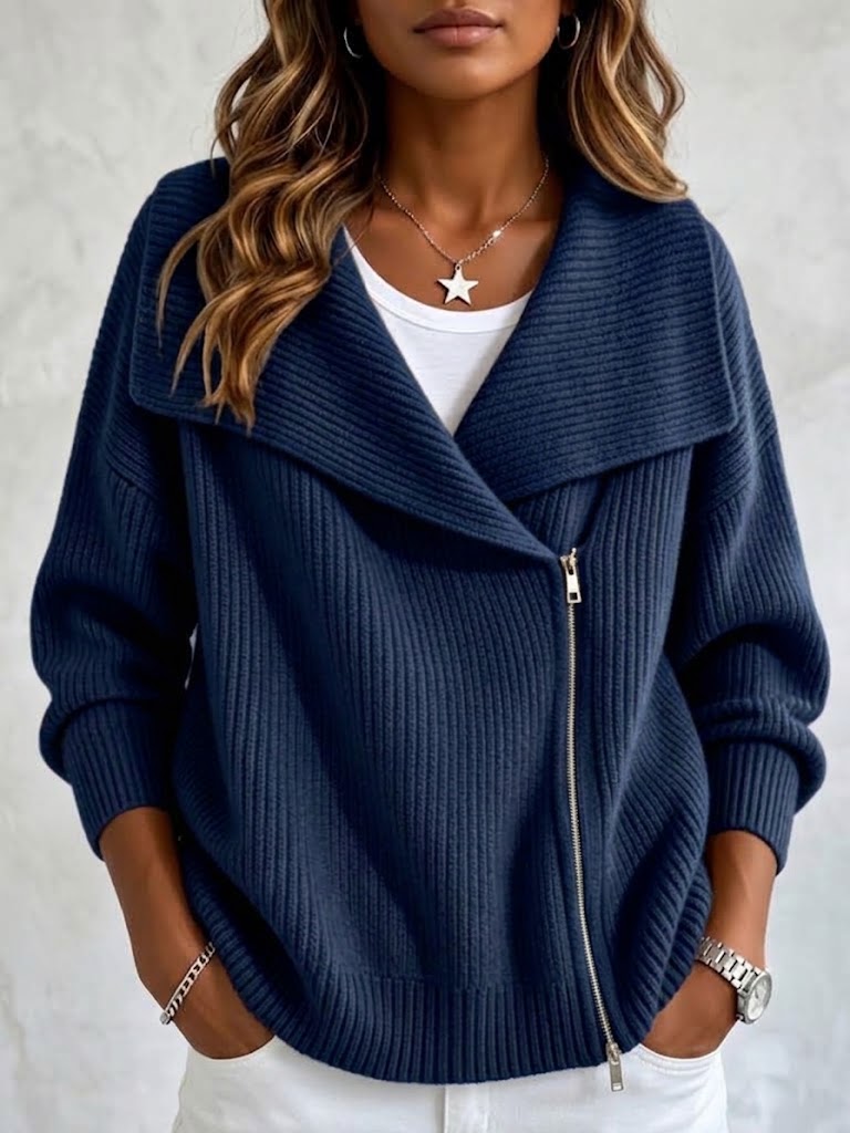 Asymmetric Zip Sweater Jacket for Women with Wide Lapel Collar in Navy Blue, front view