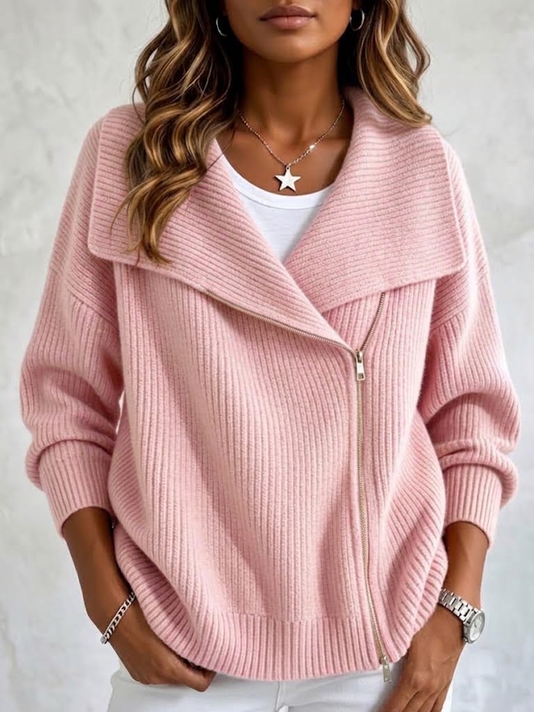 Asymmetric Zip Sweater Jacket for Women with Wide Lapel Collar in Pink, front view
