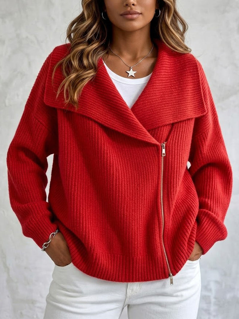 Asymmetric Zip Sweater Jacket for Women with Wide Lapel Collar in Red, front view