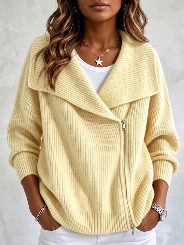 Asymmetric Zip Sweater Jacket for Women with Wide Lapel Collar in Yellow, front view