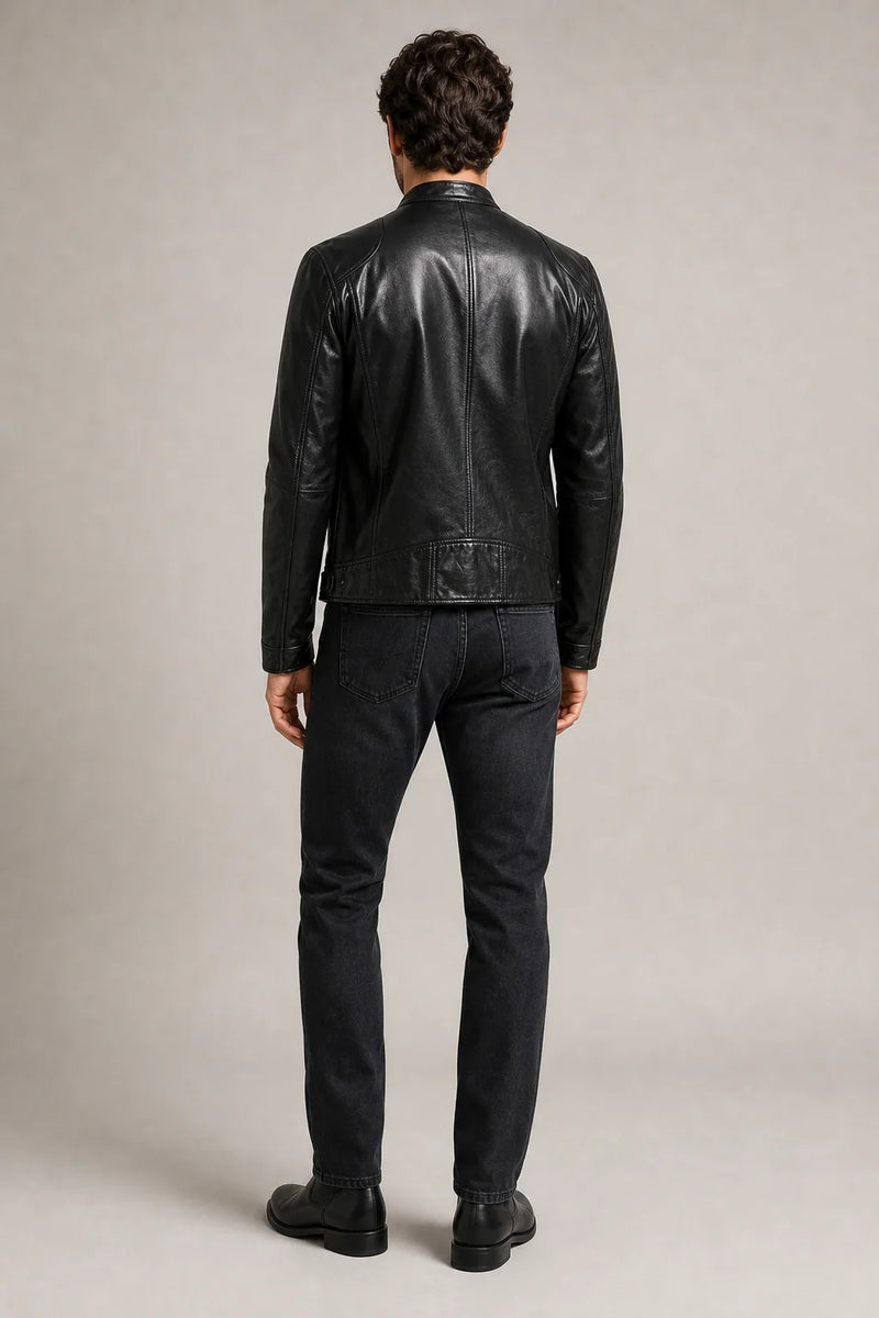 Sofaine Matthew men's vegan leather jacket in Black, worn back view