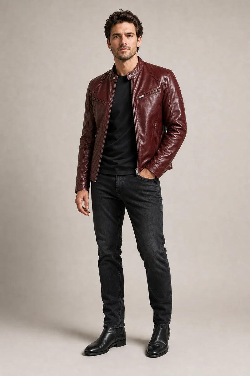 Sofaine Matthew men's vegan leather jacket in Burgundy, worn front