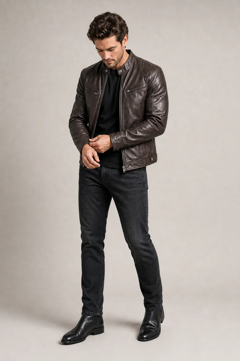 Sofaine Matthew men's vegan leather jacket in Dark Brown, worn front