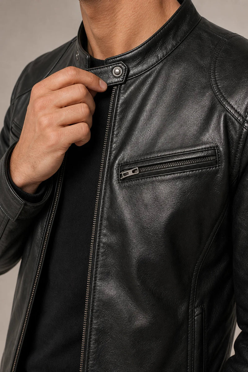 Sofaine Matthew vegan leather jacket in black, collar snap and chest zip detail shot