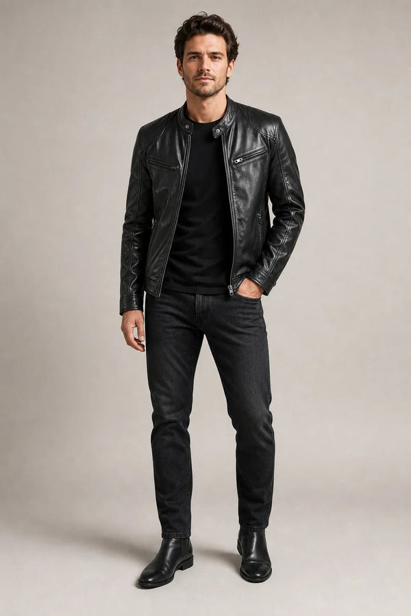 Sofaine Matthew vegan leather biker jacket in black with snap collar, worn front view