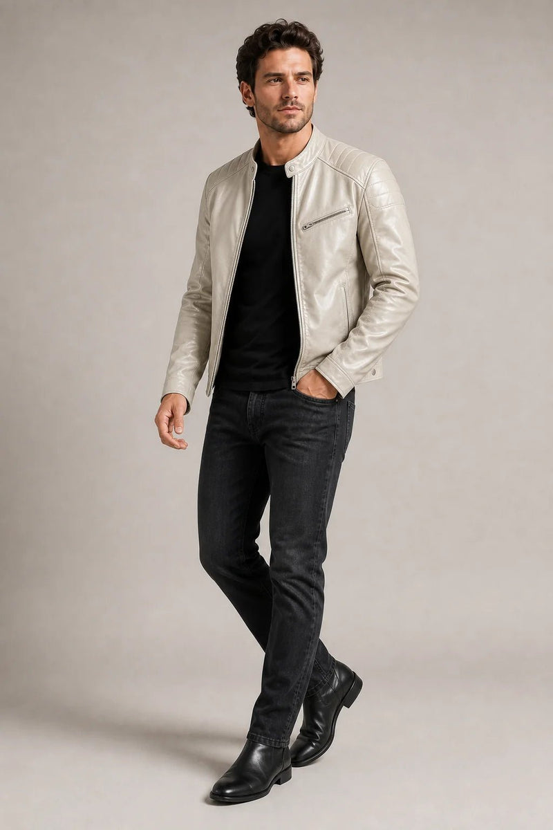 Sofaine Matthew vegan leather biker jacket in cream with quilted shoulders, worn front view