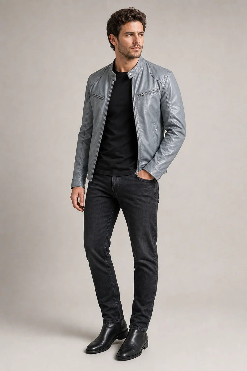 Sofaine Matthew vegan leather biker jacket in gray blue with black jeans, styled full look