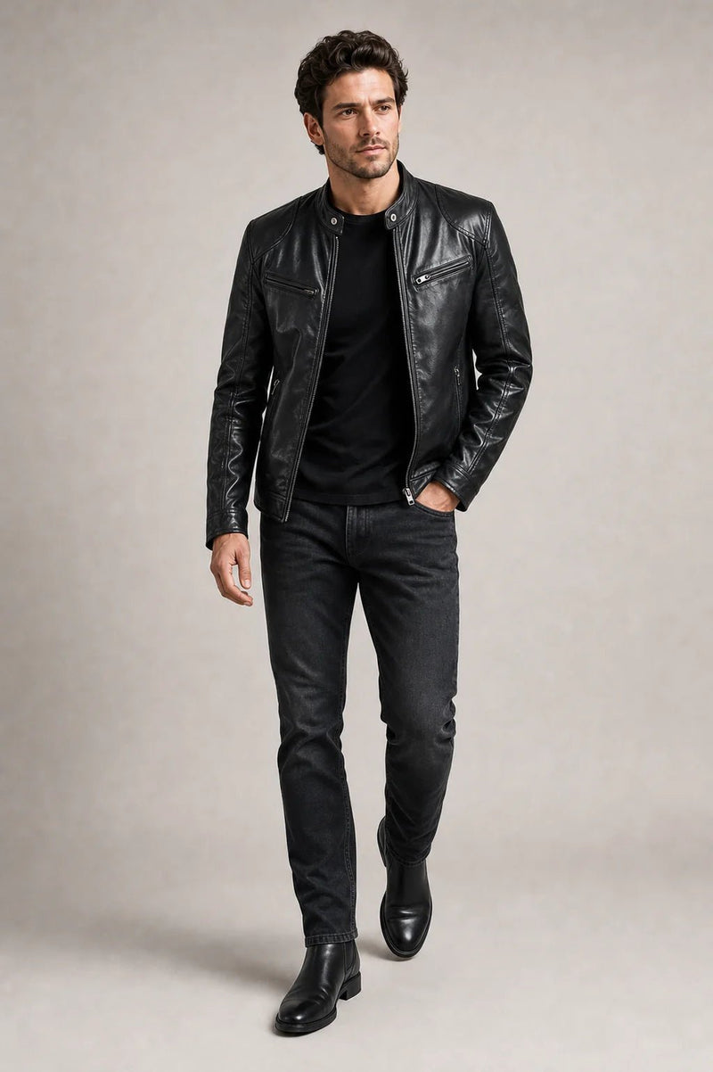 Sofaine Matthew vegan leather biker jacket in black with dark jeans, styled full look
