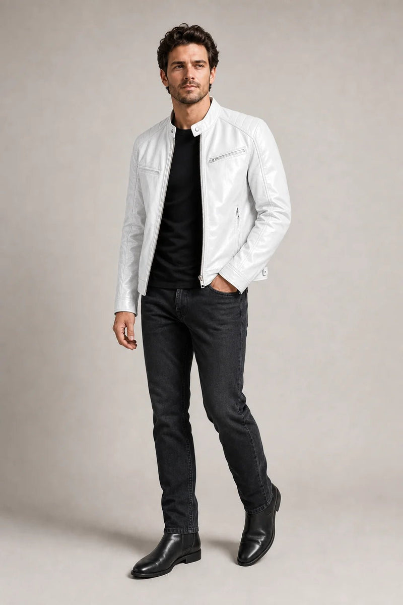 Sofaine Matthew vegan leather biker jacket in white over a black tee, worn front view