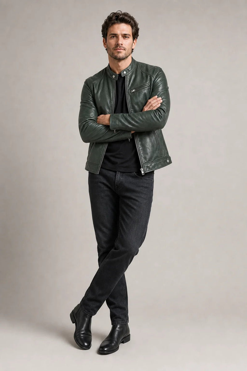 Sofaine Matthew vegan leather biker jacket in dark green, worn front view with crossed arms