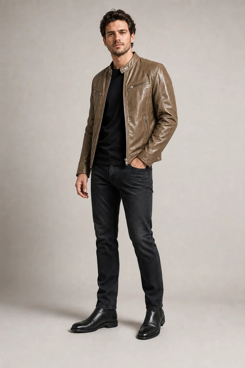 Sofaine Matthew vegan leather biker jacket in taupe brown, worn front view