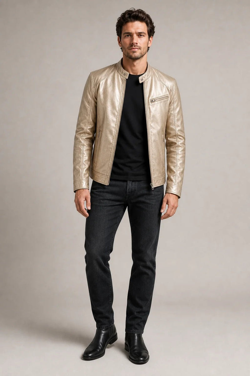 Sofaine Matthew vegan leather biker jacket in metallic champagne, worn front view